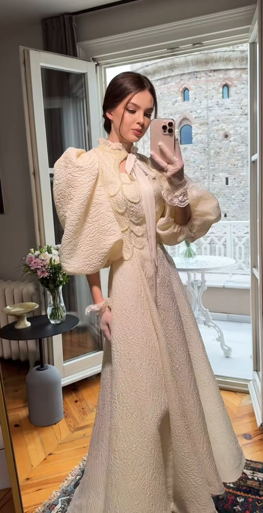 Ivory Grace Puff-Sleeve Dress with Lace Gloves