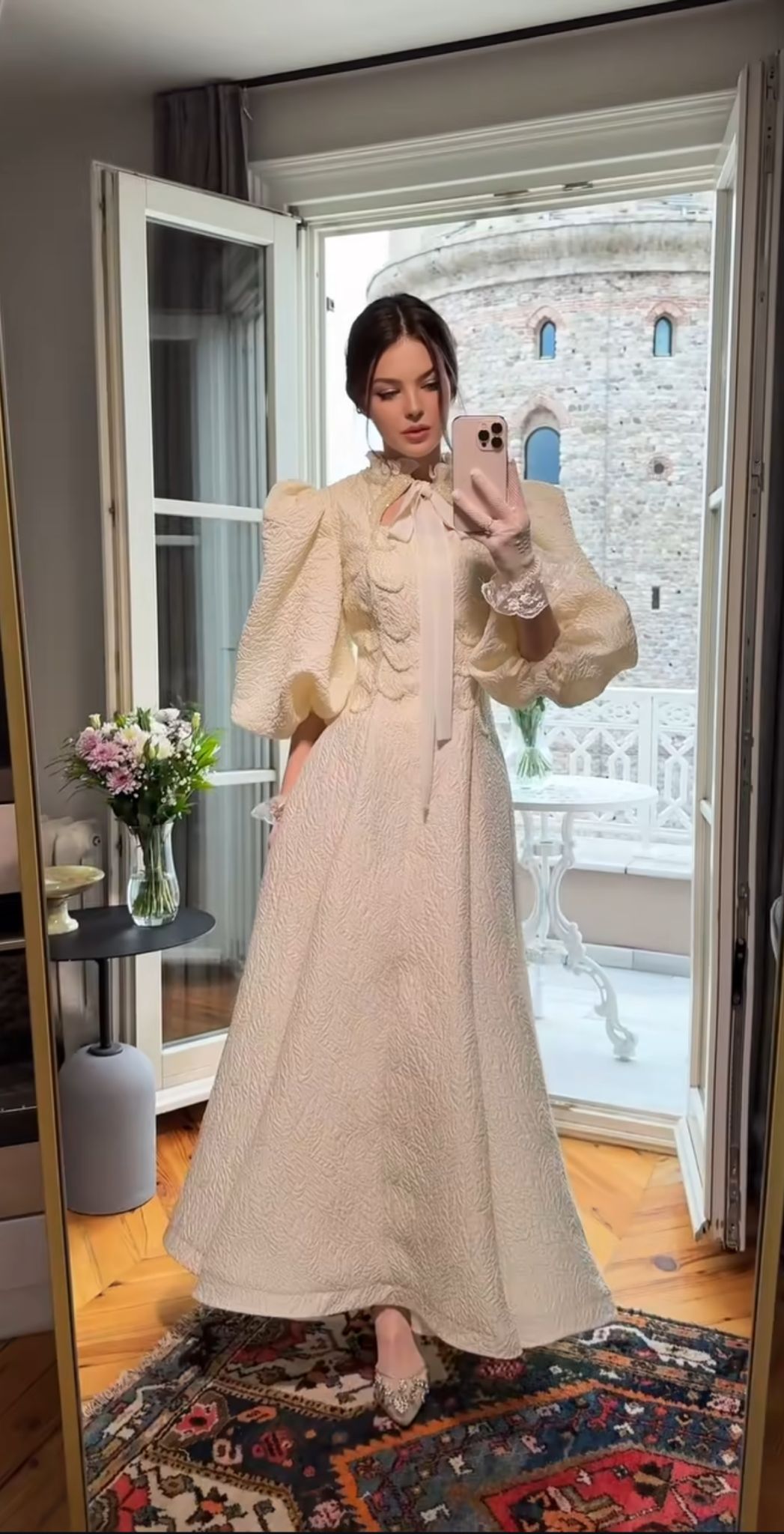 Ivory Grace Puff-Sleeve Dress with Lace Gloves
